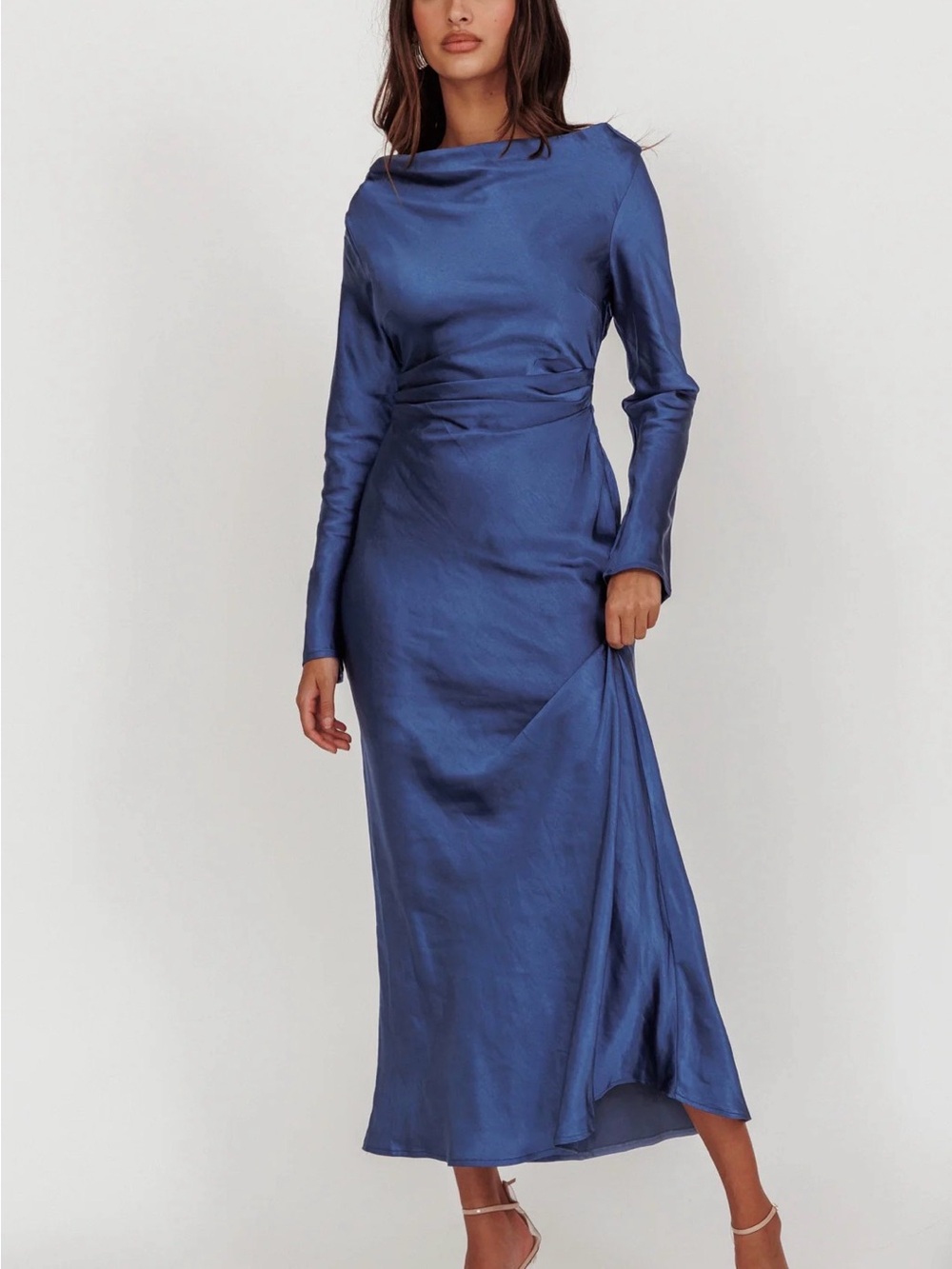 Selfie Leslie Satin Long Sleeve Royal Blue Midi Dress